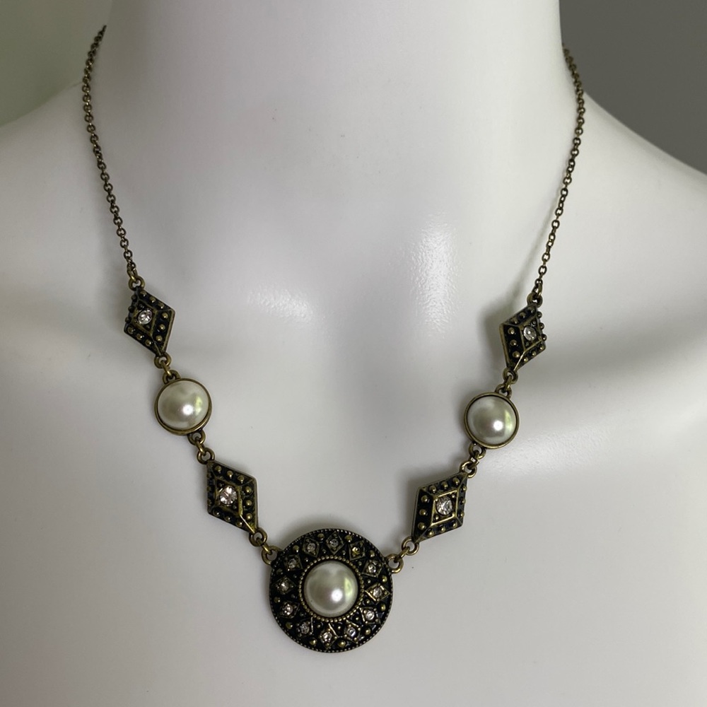 Antique Gold Necklace with Faux Pearls and Diamonds
